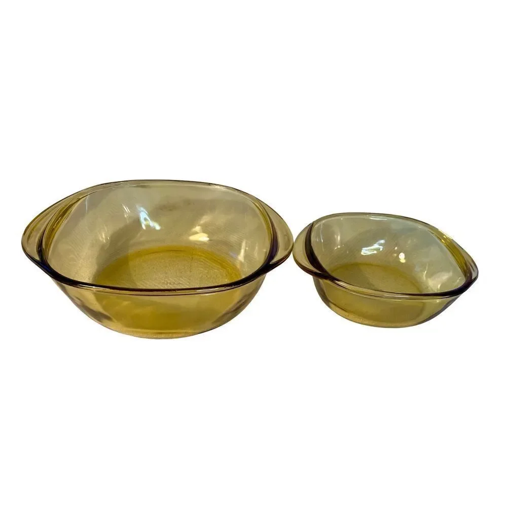 2 VTG MCM Amber Yellow Mexico Glass Casserole Dish Ovenware Baking Bowls #21 &16
